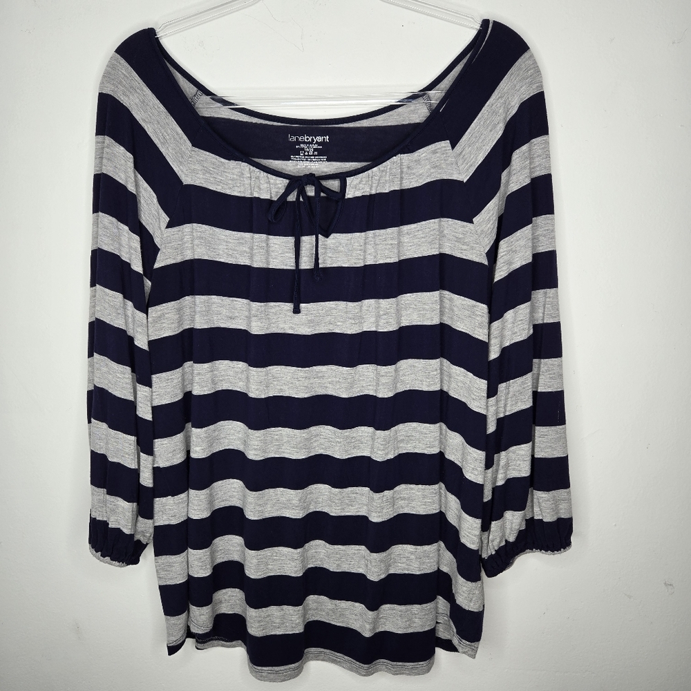 Lane Bryant Jersey Blouse Size 18/20 Blue Gray Striped Balloon Sleeve Light - Picture 2 of 12